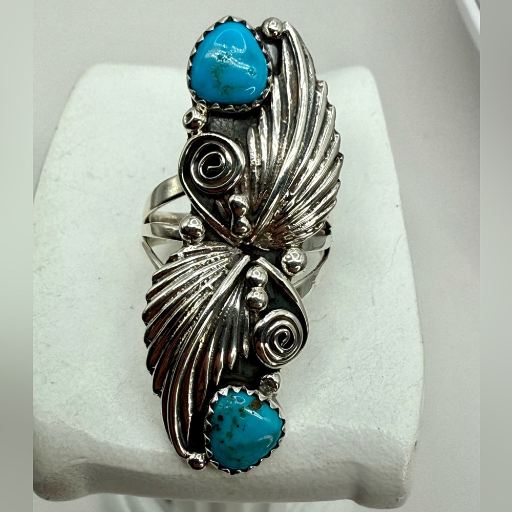 Vintage Native American Navajo Harris Largo Sterling Silver Ring with Turquoise - Picture 11 of 16